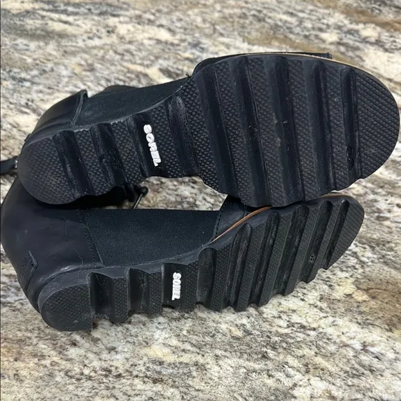 Sorel Black Joanie Leather Ankle Tie Wedge Sandals
