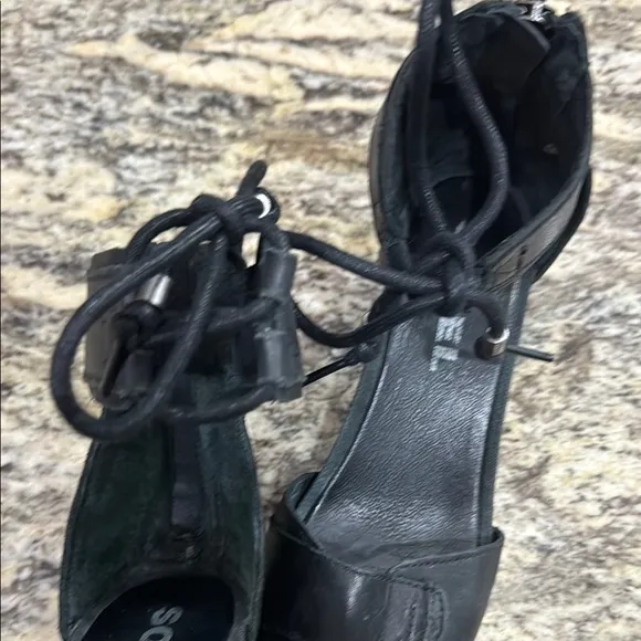Sorel Black Joanie Leather Ankle Tie Wedge Sandals