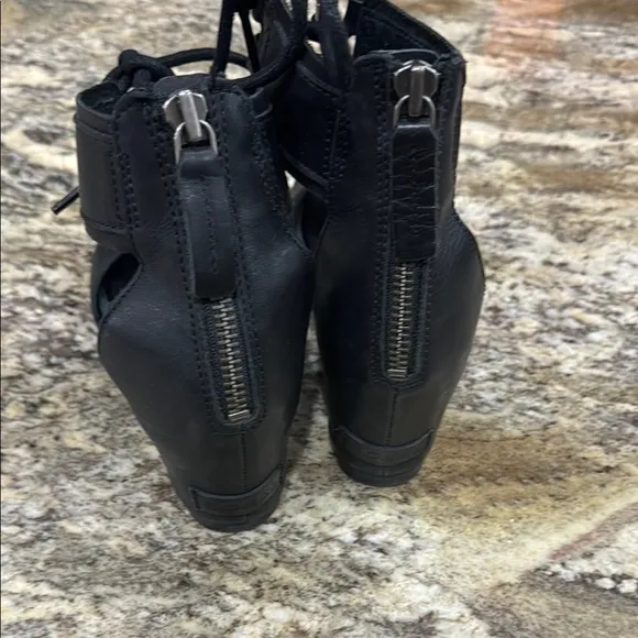 Sorel Black Joanie Leather Ankle Tie Wedge Sandals