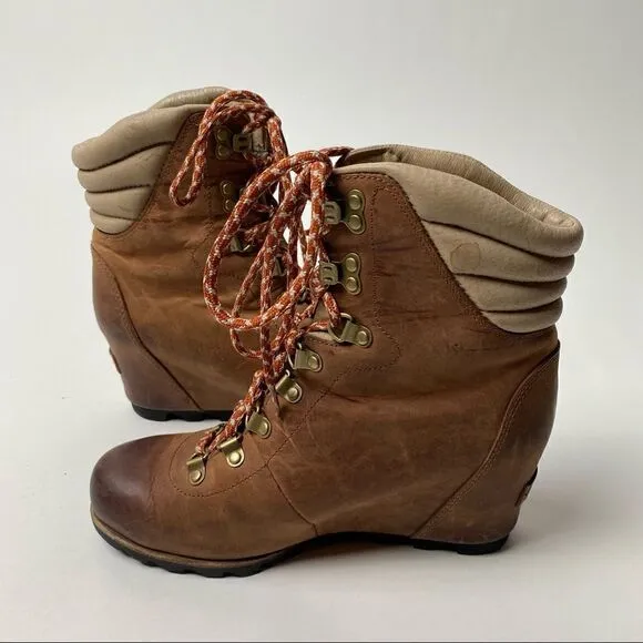 Sorel Conquest Wedge Ankle Boots Elk Camel Leather Lace Up 9.5 PDX