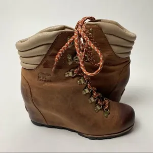Sorel Conquest Wedge Ankle Boots Elk Camel Leather Lace Up 9.5 PDX