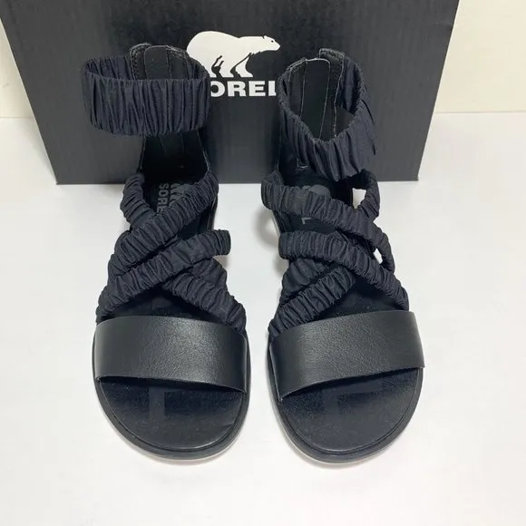 Sorel Ella II Ankle Strap Sandals Leather Flats Black Size 8.5 NEW