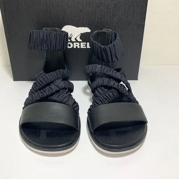 Sorel Ella II Ankle Strap Sandals Leather Flats Black Size 8.5 NEW
