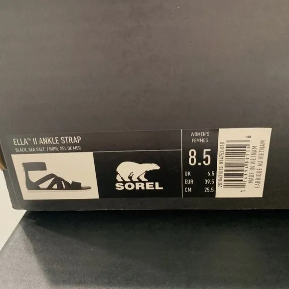 Sorel Ella II Ankle Strap Sandals Leather Flats Black Size 8.5 NEW