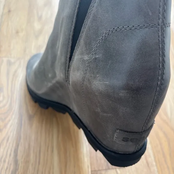 Sorel Joan of Arctic Wedge II Waterproof Zipper Gray Black Leather Boot Women 10