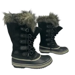 Sorel Joan of Ark Snow Boot Womens 7 Black Suede Faux Fur Waterproof Lace Up