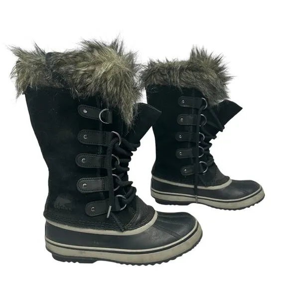 Sorel Joan of Ark Snow Boot Womens 7 Black Suede Faux Fur Waterproof Lace Up