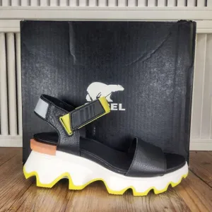 Sorel Kinetic Wedge Sandals Womens Sz 7.5 Black Sea Salt Leather Fashion Street
