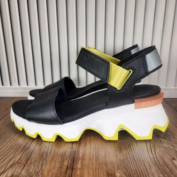 Sorel Kinetic Wedge Sandals Womens Sz 7.5 Black Sea Salt Leather Fashion Street