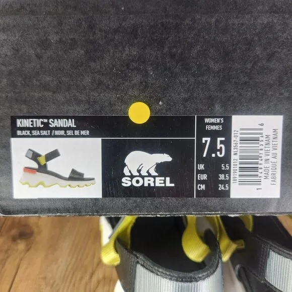 Sorel Kinetic Wedge Sandals Womens Sz 7.5 Black Sea Salt Leather Fashion Street