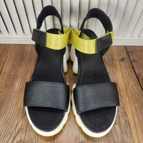 Sorel Kinetic Wedge Sandals Womens Sz 7.5 Black Sea Salt Leather Fashion Street