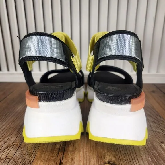 Sorel Kinetic Wedge Sandals Womens Sz 7.5 Black Sea Salt Leather Fashion Street