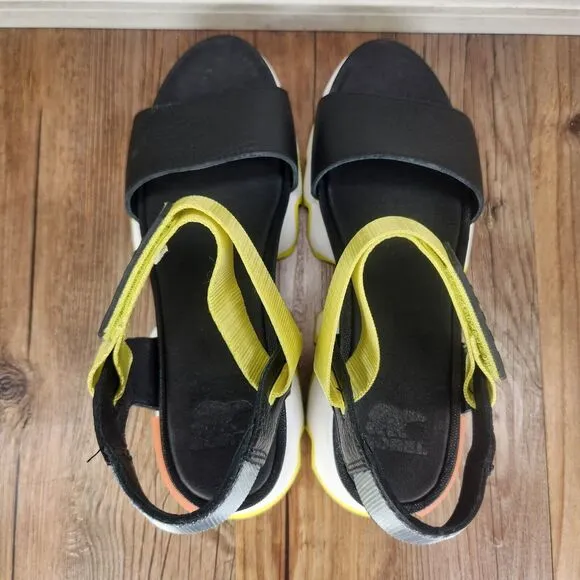 Sorel Kinetic Wedge Sandals Womens Sz 7.5 Black Sea Salt Leather Fashion Street