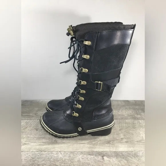 Sorel NL2033 Conquest Carly Women’s Waterproof Black Leather Snow Boots Size 6.5
