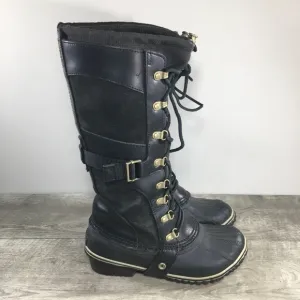 Sorel NL2033 Conquest Carly Women’s Waterproof Black Leather Snow Boots Size 6.5