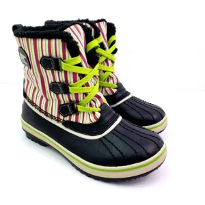 Sorel Tivoli Pac Girls Size 2Y Black Pink Green Striped Winter Snow Boots NY1819
