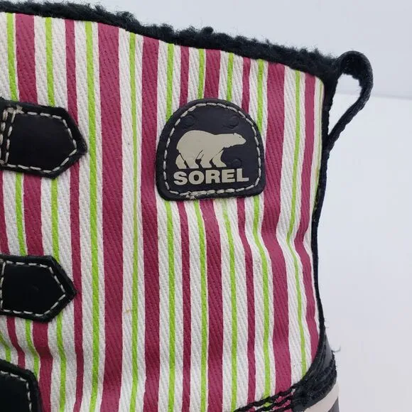Sorel Tivoli Pac Girls Size 2Y Black Pink Green Striped Winter Snow Boots NY1819