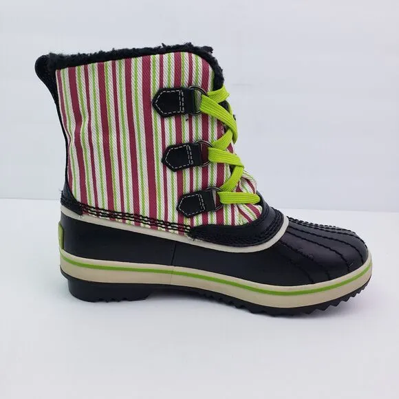 Sorel Tivoli Pac Girls Size 2Y Black Pink Green Striped Winter Snow Boots NY1819
