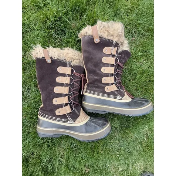 Sorel Winter Snow Boots Waterproof Faux Fur Trim Brown Size 10