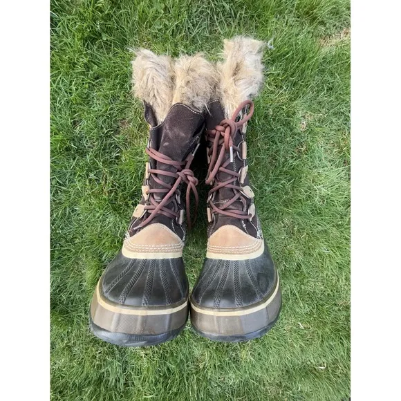Sorel Winter Snow Boots Waterproof Faux Fur Trim Brown Size 10