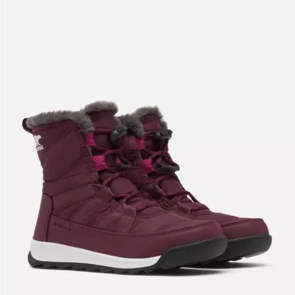 Sorel Youth Plum Burgundy Whitney II Short Lace Up Snow Boots RARE COLOR