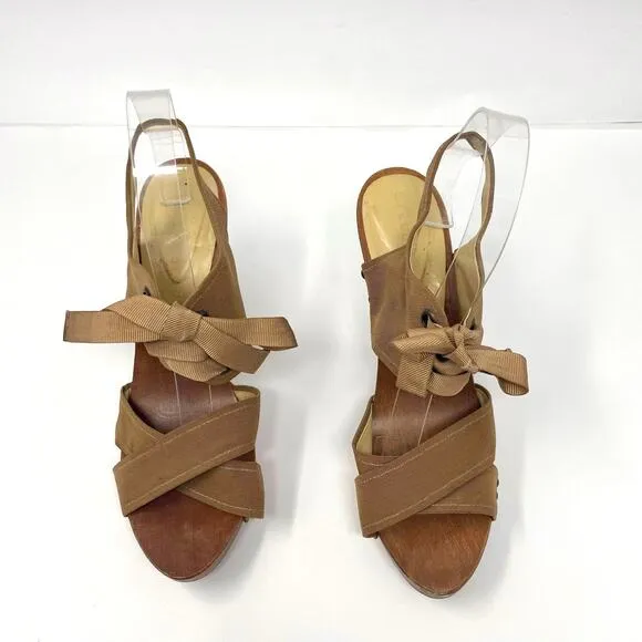 STELLA MCCARTNEY Brown Grosgrain Lace Up Sling Back Heels