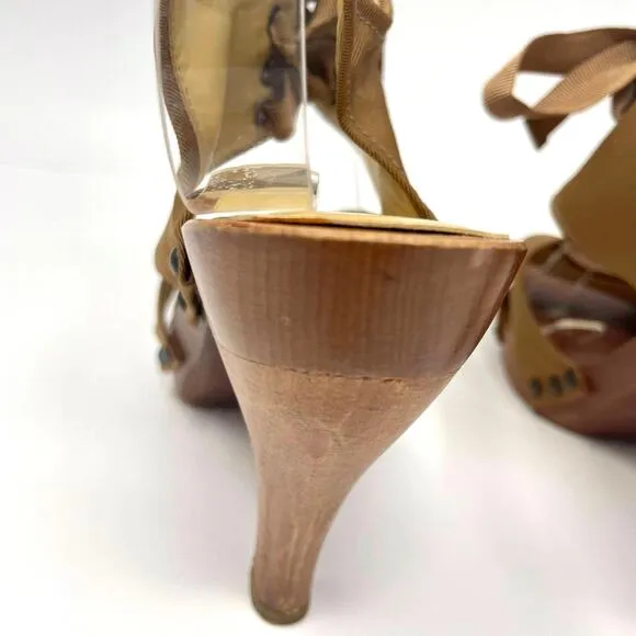STELLA MCCARTNEY Brown Grosgrain Lace Up Sling Back Heels