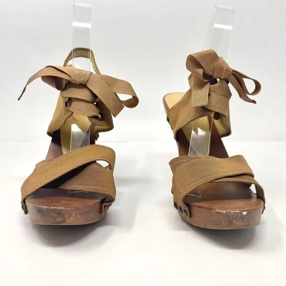 STELLA MCCARTNEY Brown Grosgrain Lace Up Sling Back Heels