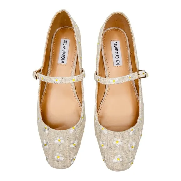 Steve Madden Tan Canvas Embroidered Daisy Floral Mary Jane Flats Shoes