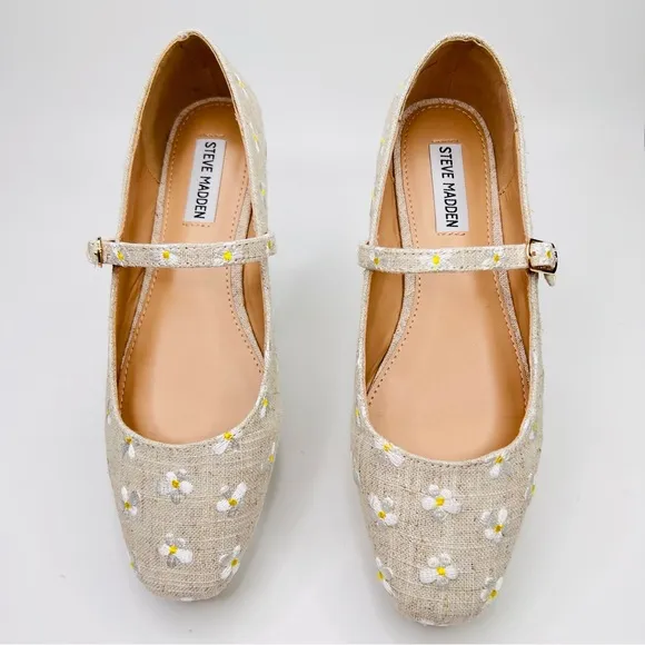 Steve Madden Tan Canvas Embroidered Daisy Floral Mary Jane Flats Shoes