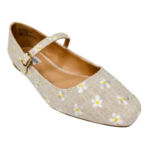 Steve Madden Tan Canvas Embroidered Daisy Floral Mary Jane Flats Shoes