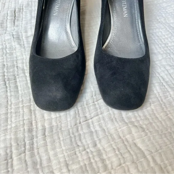 Stuart Weitzman | Black Mary Mid Suede Pump Block Heels Shoes Square Toe