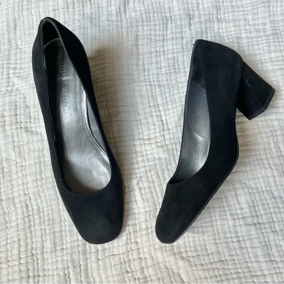 Stuart Weitzman | Black Mary Mid Suede Pump Block Heels Shoes Square Toe