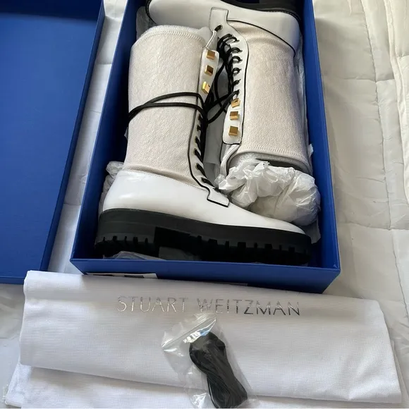 Stuart Weitzman Elspeth Combat Boots in Snow Turin Size 8 Brand New