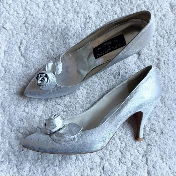 Stuart Weitzman for Mr. Seymour VTG Metallic Silver Rosette Vamp High Heels 10B