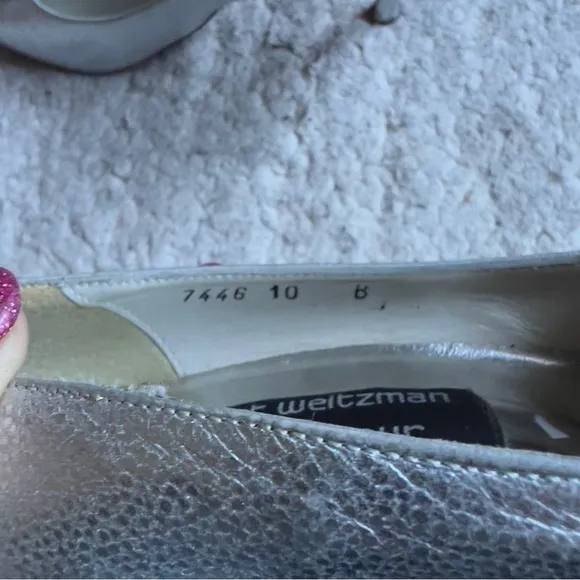 Stuart Weitzman for Mr. Seymour VTG Metallic Silver Rosette Vamp High Heels 10B