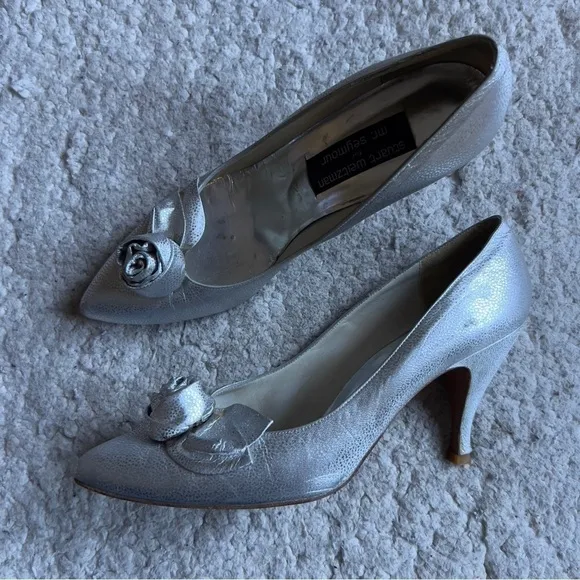 Stuart Weitzman for Mr. Seymour VTG Metallic Silver Rosette Vamp High Heels 10B