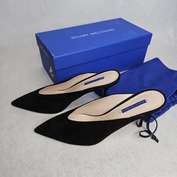 Stuart Weitzman Lulah Mid-Heel Black Suede Mules Pump Shoes with Box Size 12