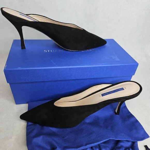 Stuart Weitzman Lulah Mid-Heel Black Suede Mules Pump Shoes with Box Size 12