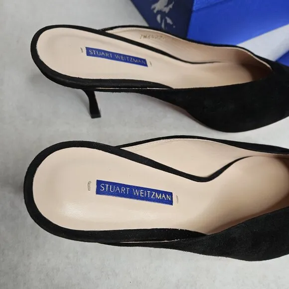 Stuart Weitzman Lulah Mid-Heel Black Suede Mules Pump Shoes with Box Size 12