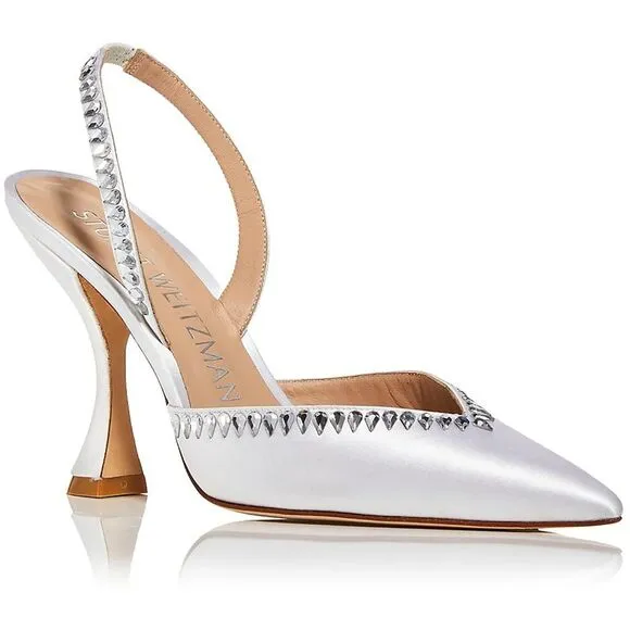 Stuart Weitzman Womens GMCT White Satin Embellished Slingback Heels Shoes New