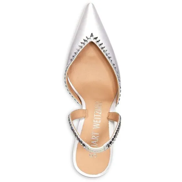 Stuart Weitzman Womens GMCT White Satin Embellished Slingback Heels Shoes New