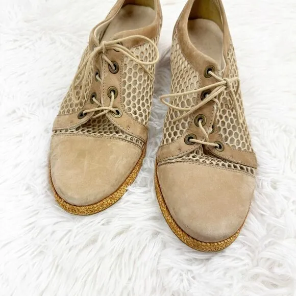 Stuart Weitzman Tan Mesh Lace-Up Oxford Suede Shoes