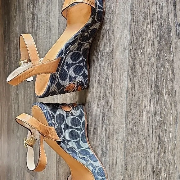 Stylish, Tan, Denim, Coach, Wedge. Sandals, Leather, Summer, Casual, Party