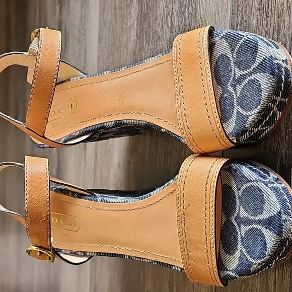 Stylish, Tan, Denim, Coach, Wedge. Sandals, Leather, Summer, Casual, Party