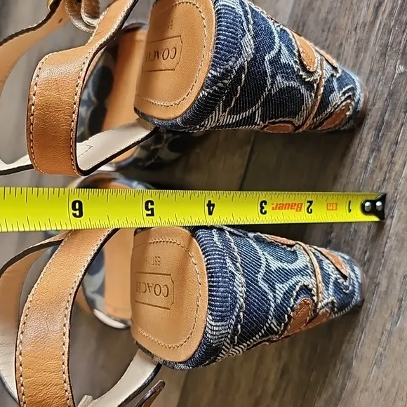 Stylish, Tan, Denim, Coach, Wedge. Sandals, Leather, Summer, Casual, Party