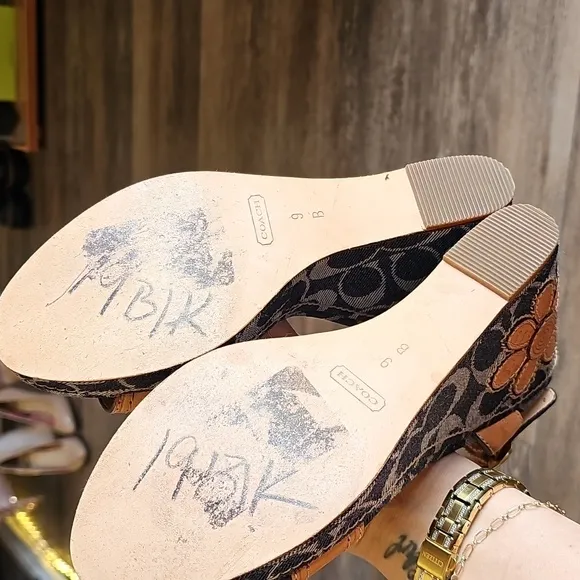 Stylish, Tan, Denim, Coach, Wedge. Sandals, Leather, Summer, Casual, Party