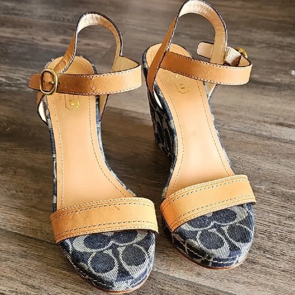 Stylish, Tan, Denim, Coach, Wedge. Sandals, Leather, Summer, Casual, Party