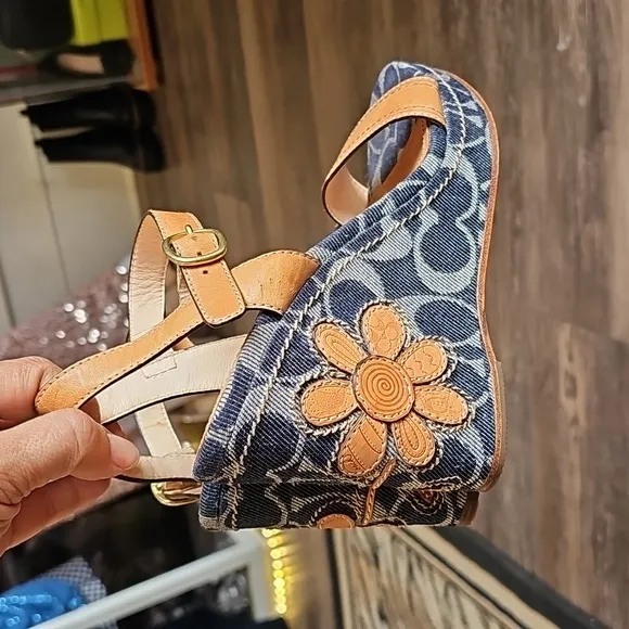 Stylish, Tan, Denim, Coach, Wedge. Sandals, Leather, Summer, Casual, Party