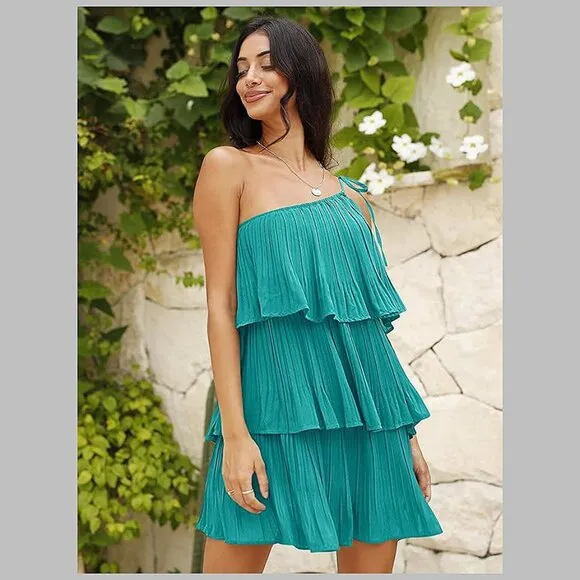 Summer One Shoulder Tie Mini Dresses Blue